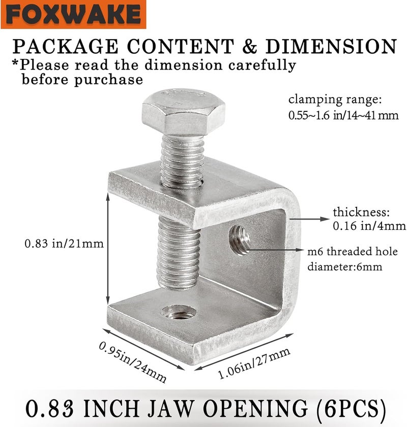 foxwake Mini C Clamps Stainless Steel 0.83 Inch for Working, Heavy Duty Small U Clamps for Metal Mounting, Universal Desk Clamp with Stable Wide Jaw Opening/I-Beam Design (4pcs) - Image 2